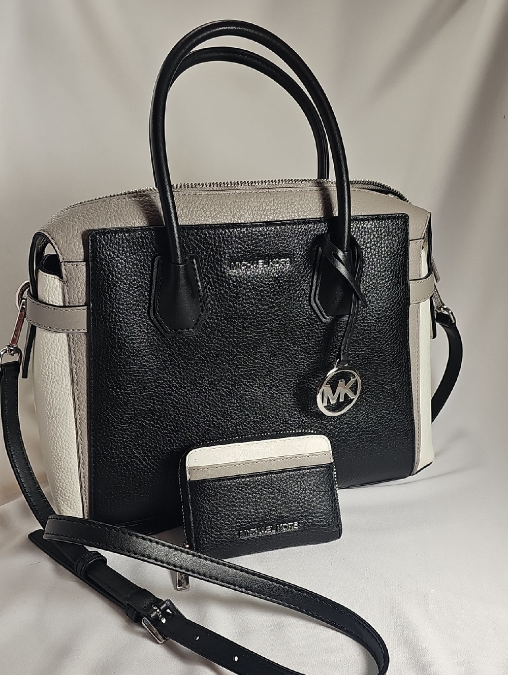 Michael Kors Black, White and Gray Colorblock Leather Satchel with Card Case